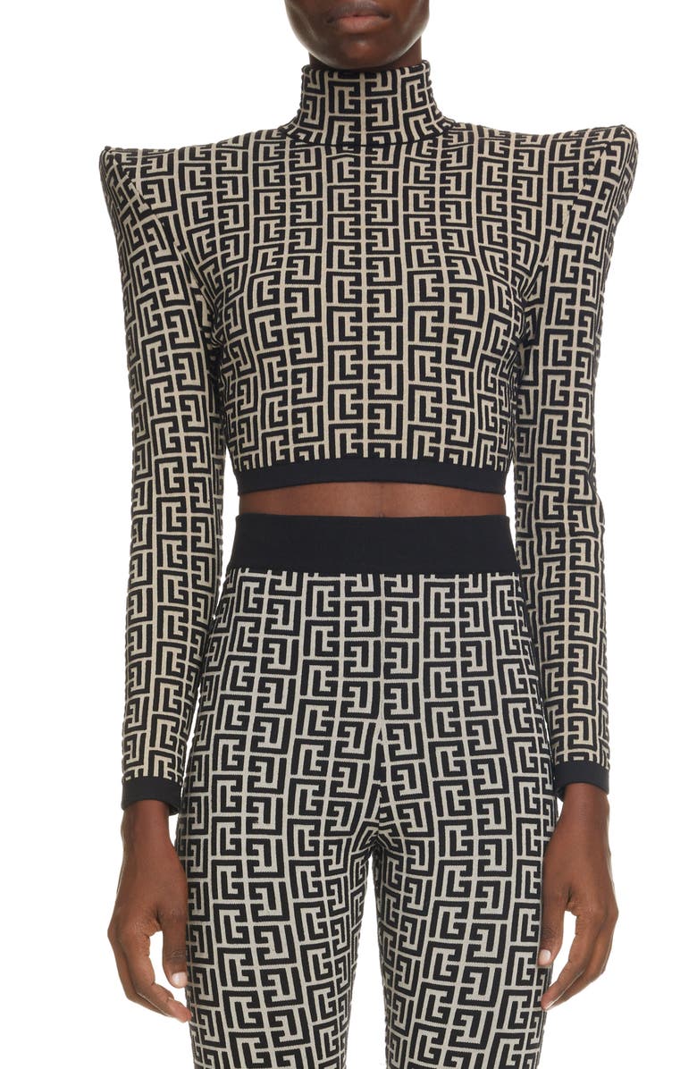 Balmain Monogram Jacquard Crop Top, Main, color, 