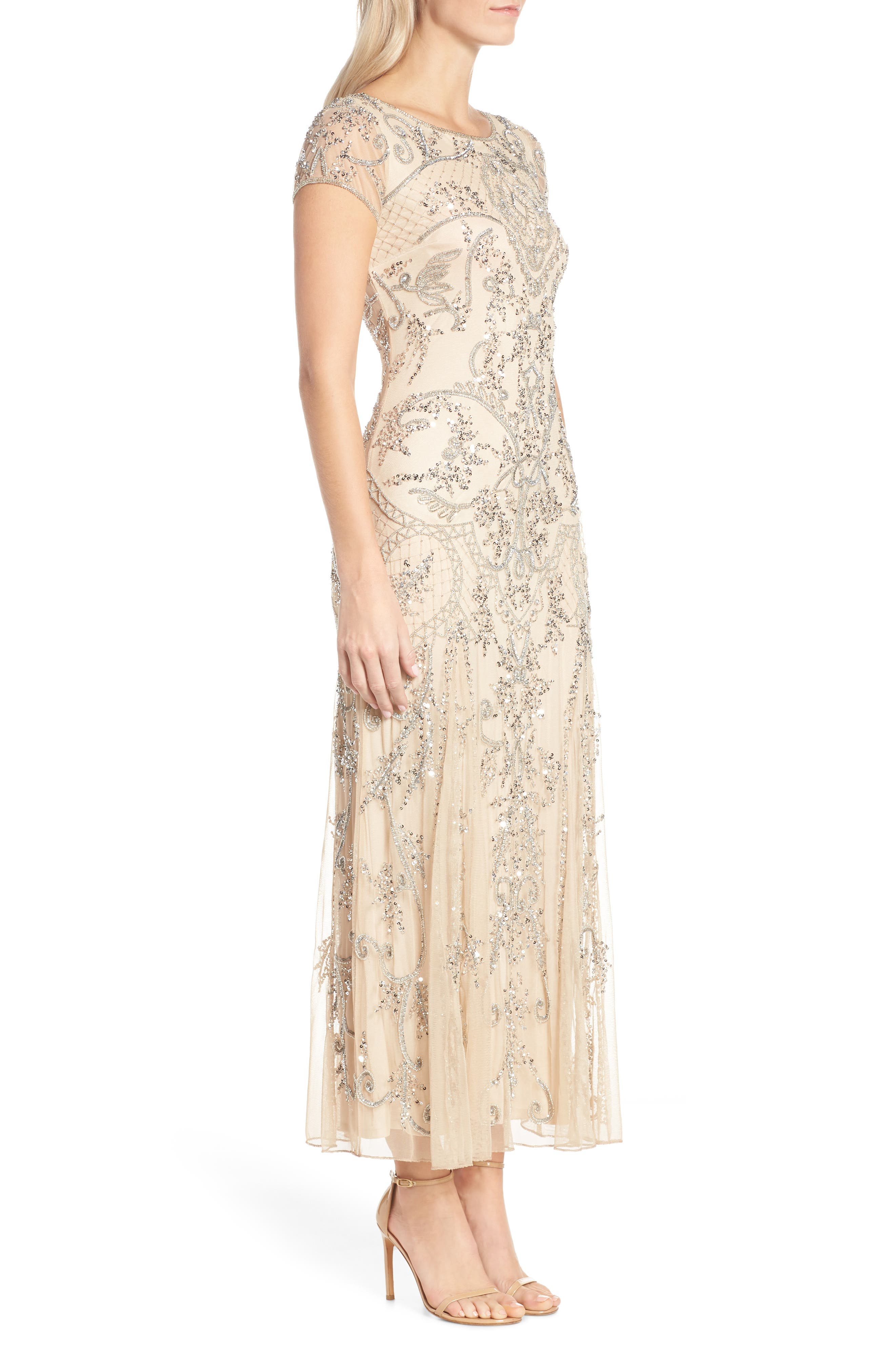 Pisarro Nights Women's Beaded Mesh Midi Cocktail Dress - Black