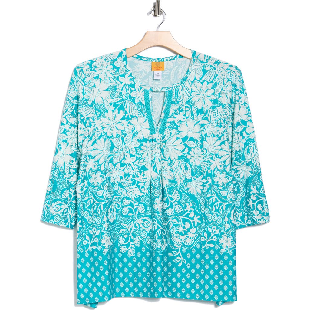 Ruby Rd. Plus Size Ibiza Ombre Floral Puff Print Top In Blue