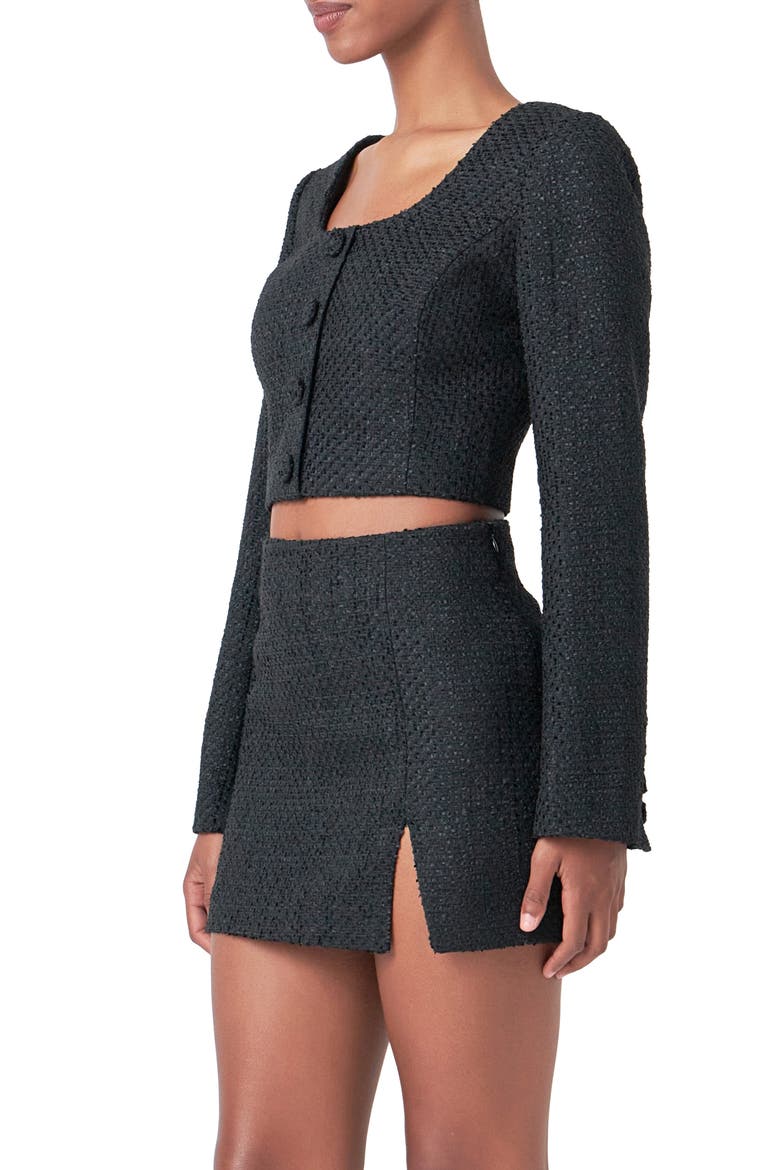 Long Sleeve Tweed Crop Top, Alternate, color, BLACK