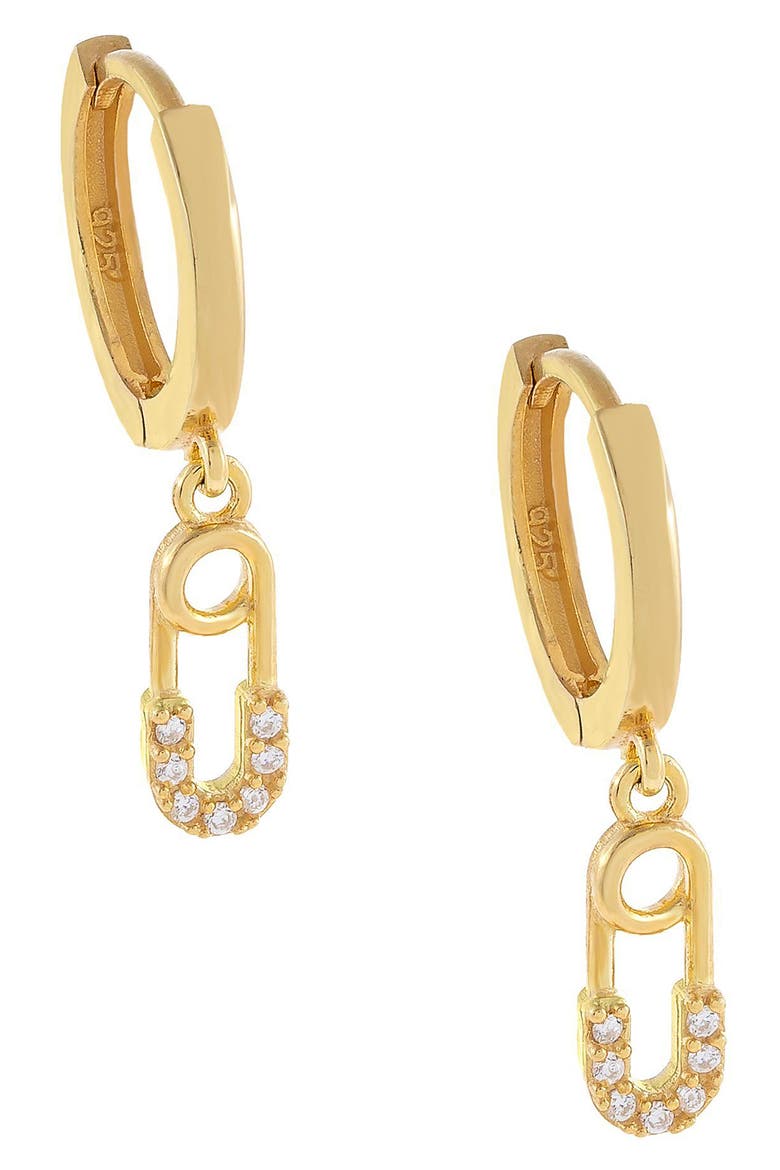 Pavé Safety Pin Huggie Hoop Earrings, Main, color, GOLD