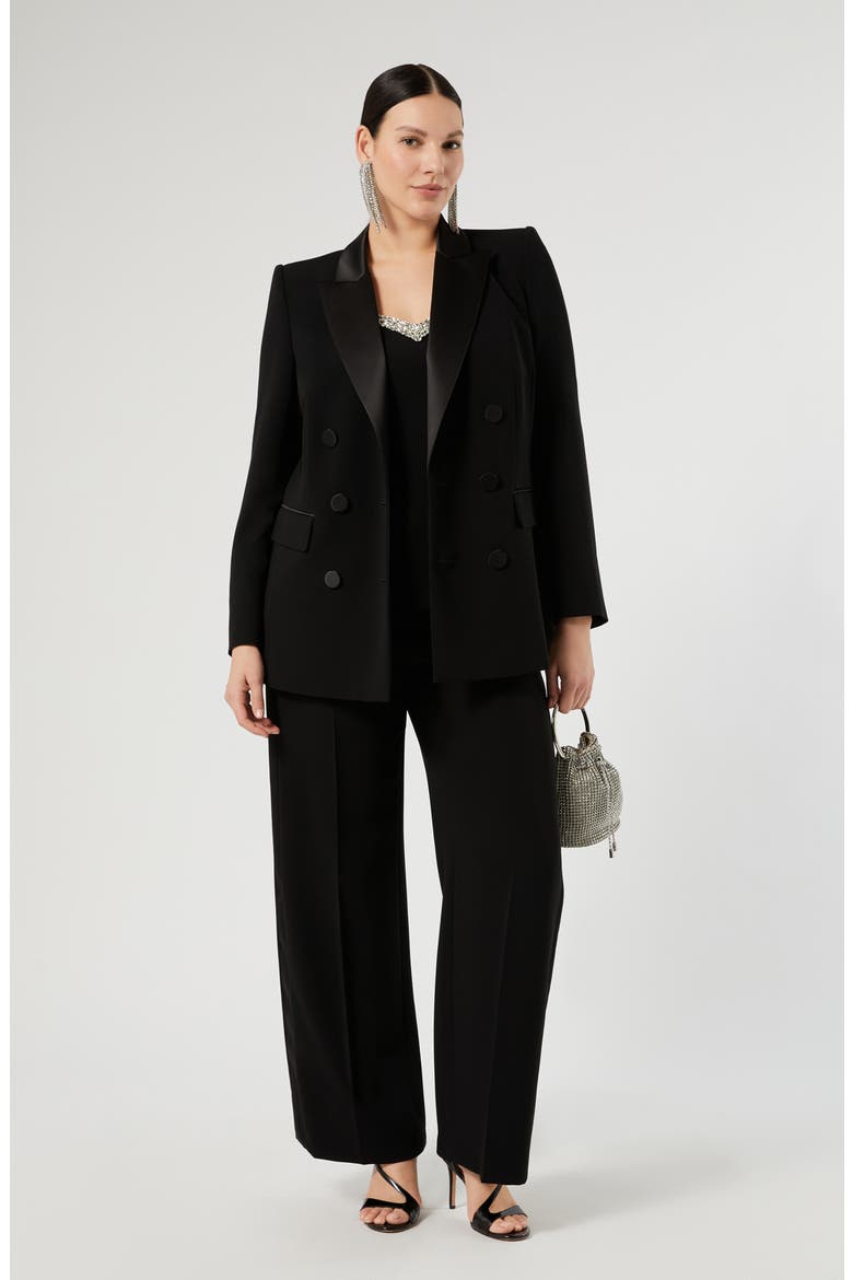 Satin Lapel Double Breasted Tuxedo Jacket, Alternate, color, BLACK