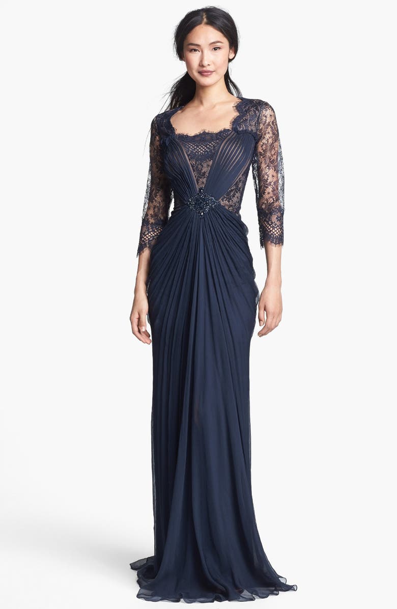 Tadashi Shoji Embellished Lace & Silk Chiffon Gown, Main, color,