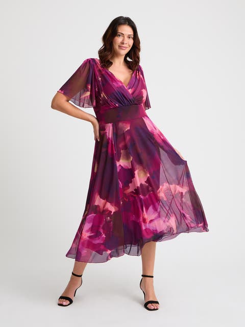 Victoria Floral Angel Sleeve Midi Dress