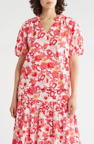 Caslon® Split Neck Puff Sleeve Cotton Gauze Top