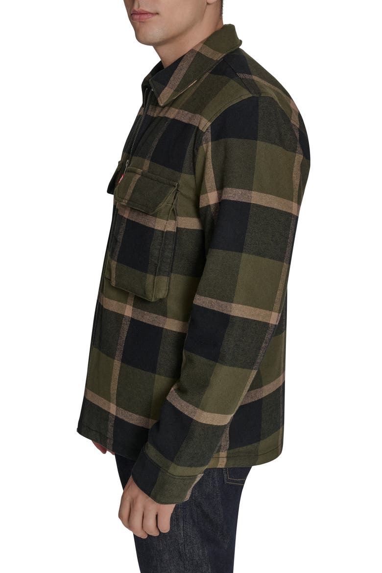 Insulated Plaid Cotton Flannel Zip-Up Shirt Jacket, Alternate, color, OLIVE/ BLACK