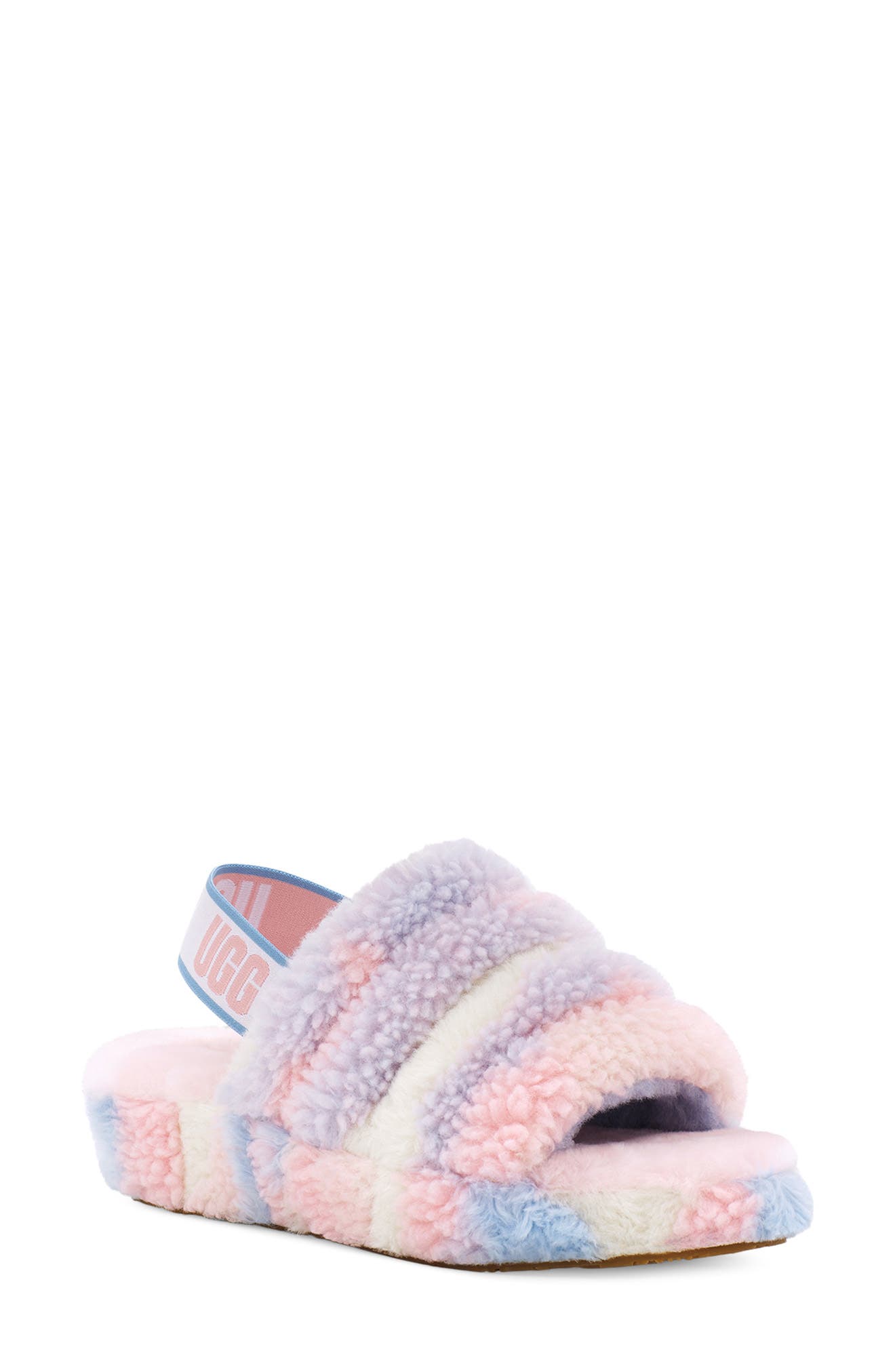 Pride Fluff Yeah Faux Fur Slingback Sandal, Main, color, PRIDE STRIPES