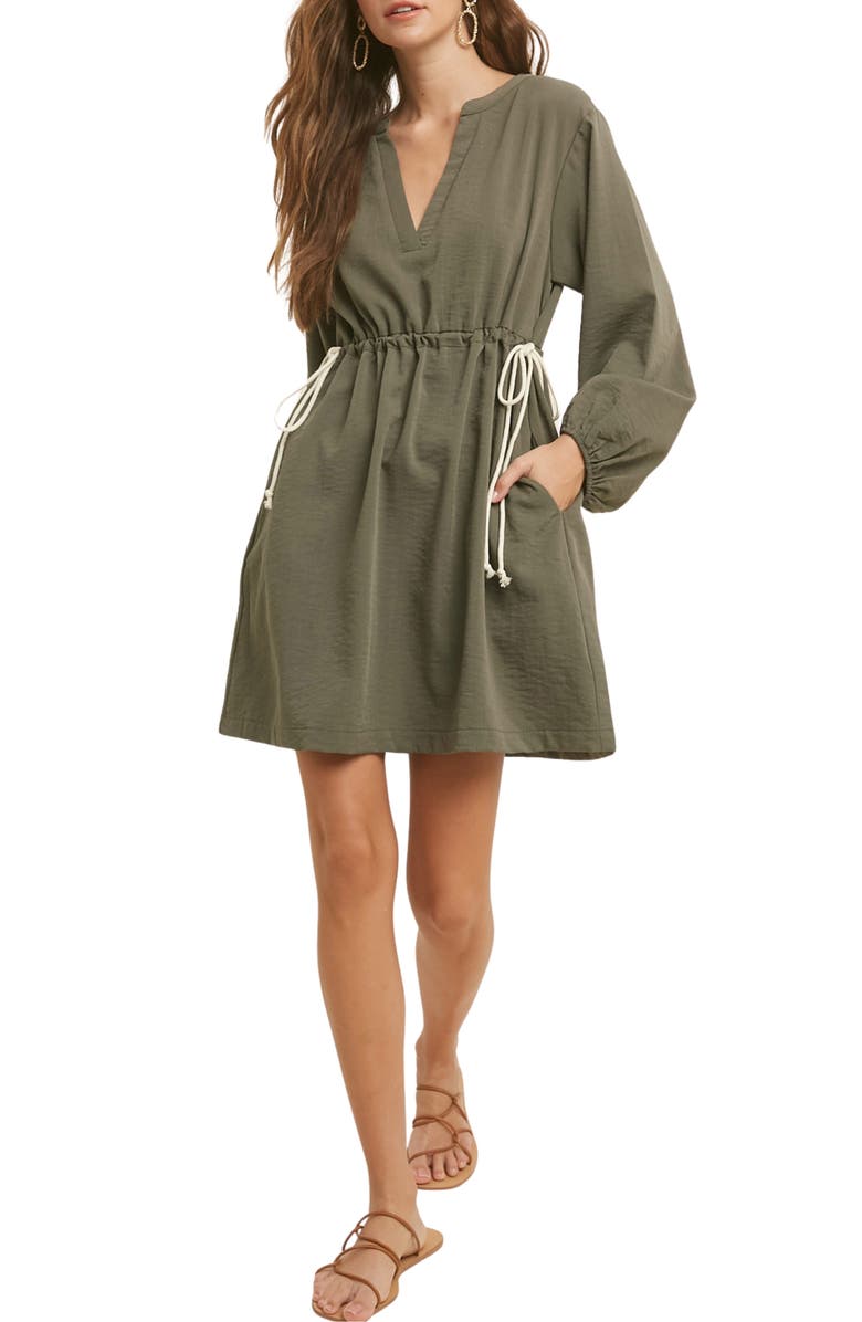 WISHLIST Long Sleeve Drawstring Dress, Main, color, Green Olive
