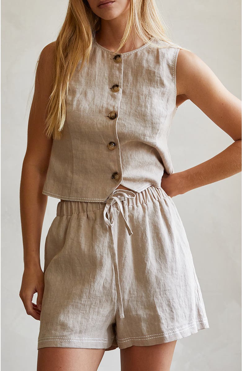 CRESCENT Contrast Stitch Linen Shorts, Alternate, color, Oatmeal/White