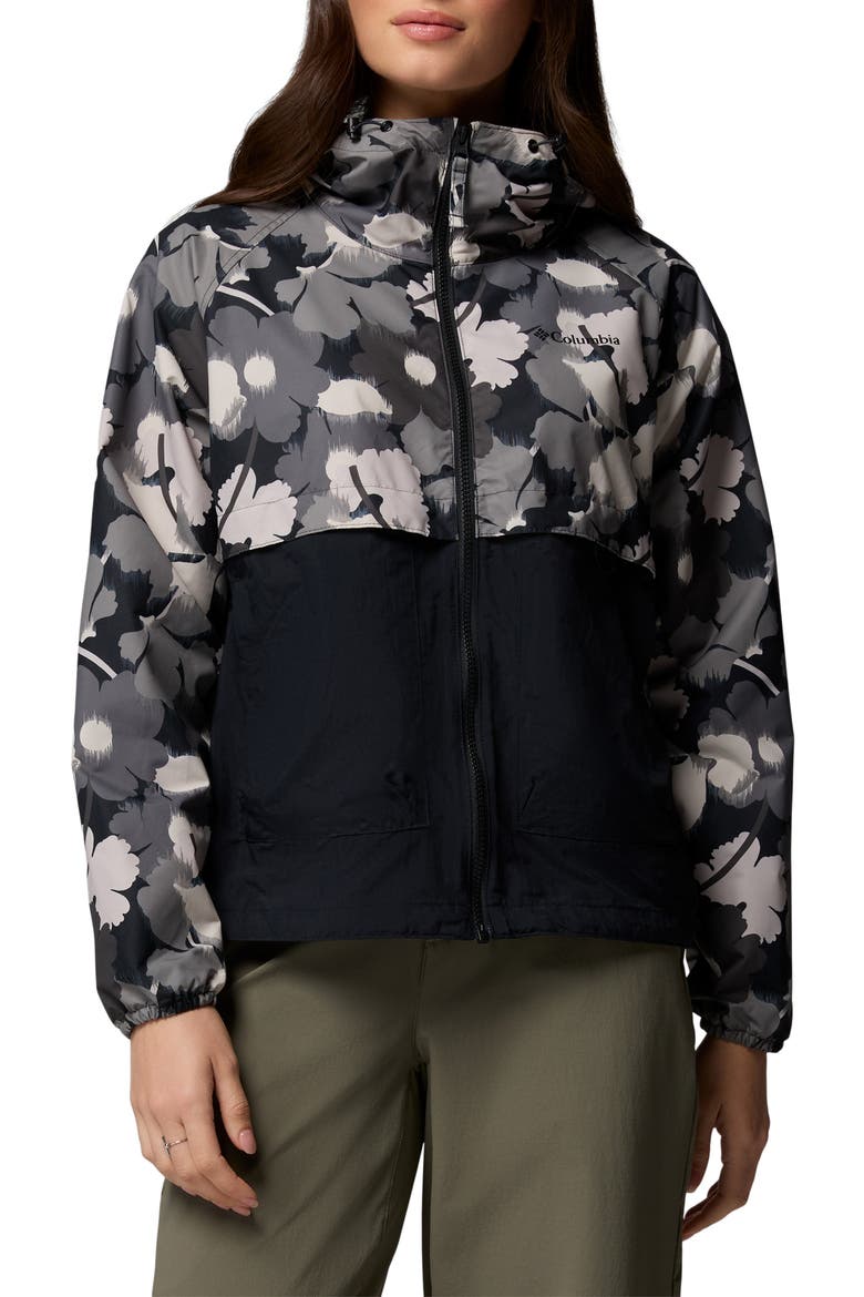 Spire Valley Print Water Repellent Windbreaker, Main, color, BLACK IKATBLOOM PRINT/ BLACK