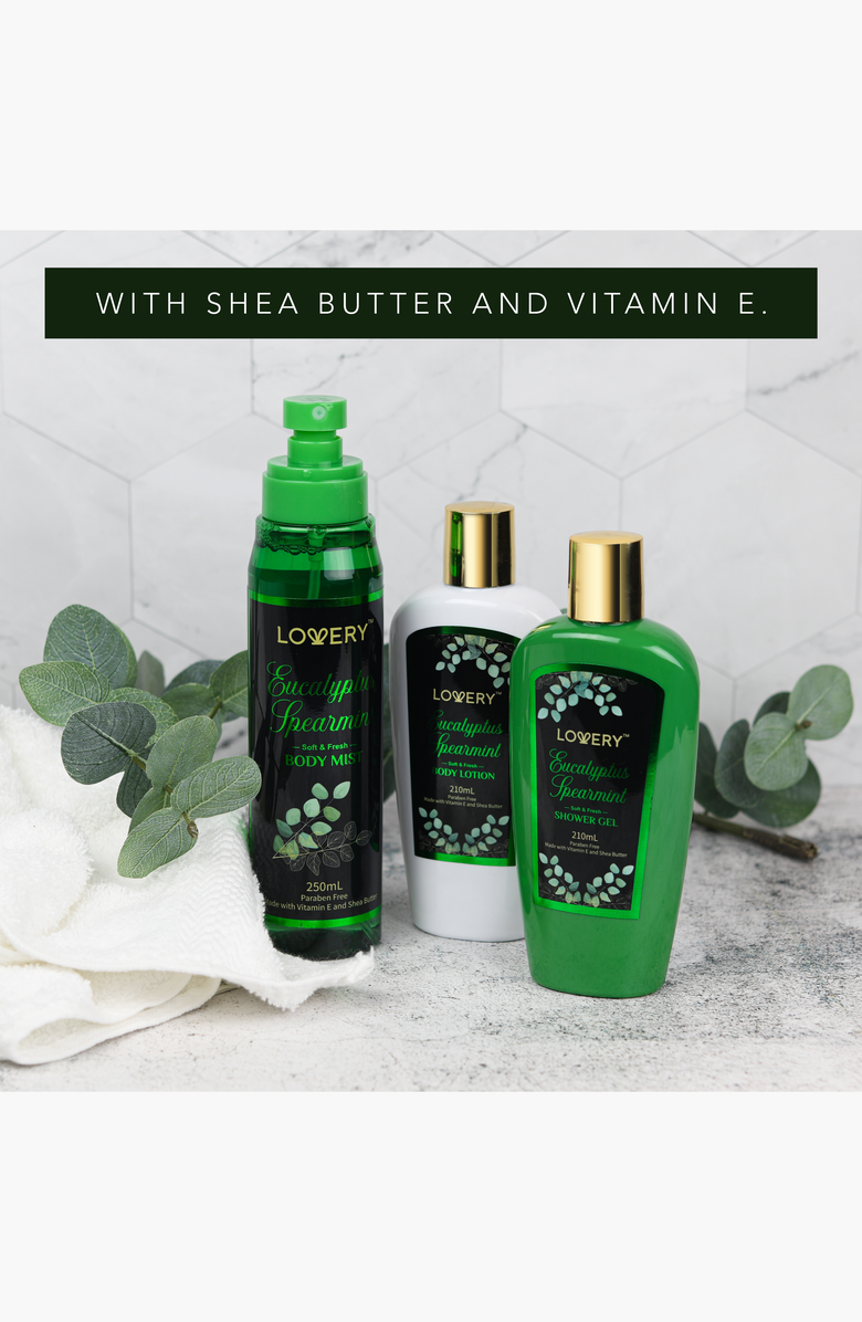 Lovery Eucalyptus Spearmint Bath and Body Travel Set, Alternate, color, Green / White / Gold