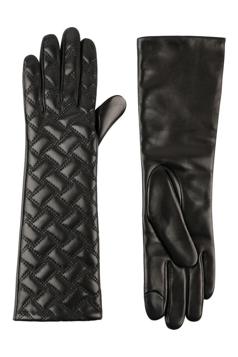 Long Quilted Leather Gloves, Main, color, BLACK