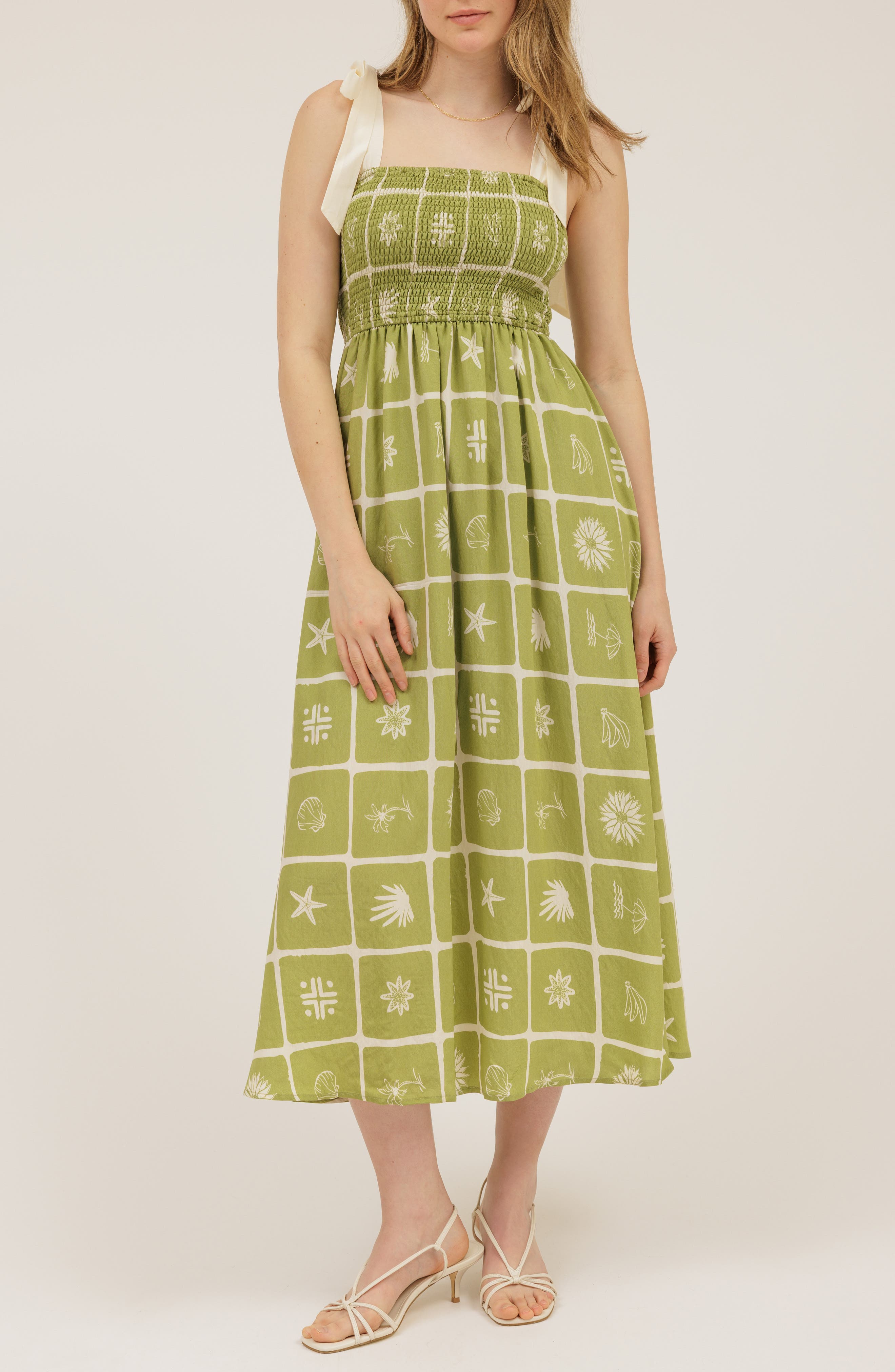 AUGUST SKY Shoulder Tie Midi Dress