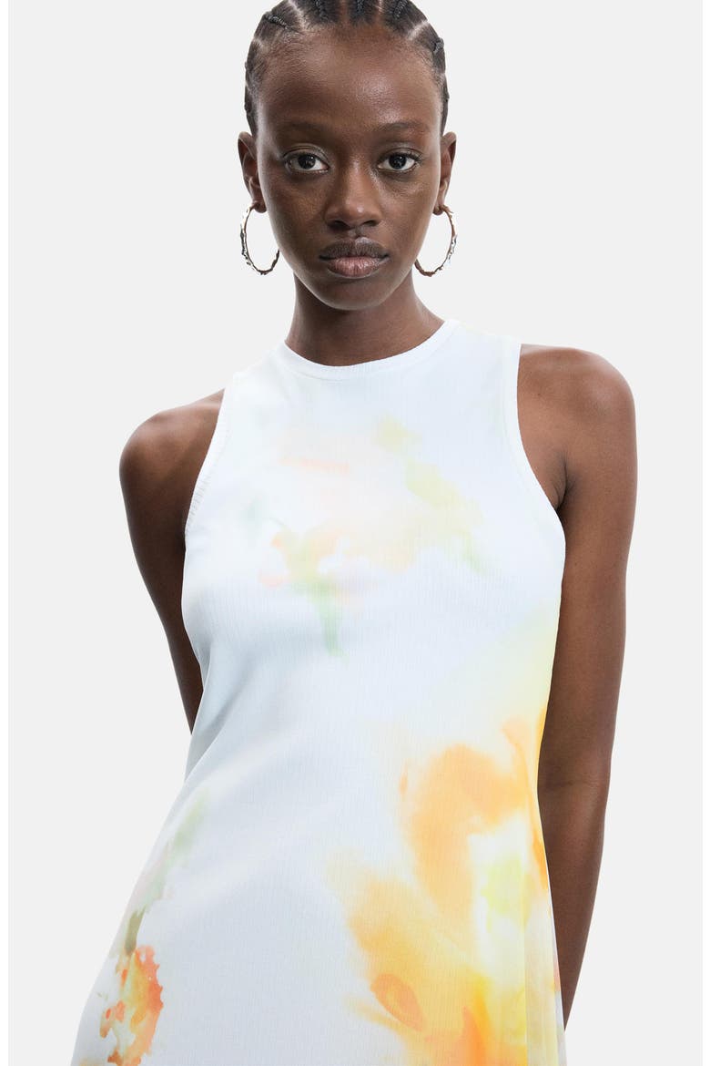 Abstract Floral Asymmetric Hem Dress, Alternate, color, WHITE