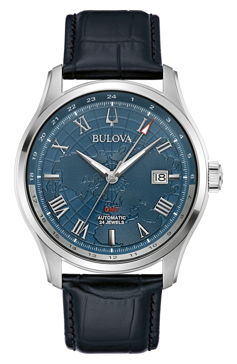 BULOVA Wilton GMT Automatic Leather Strap Watch, 43mm, Main, color, 