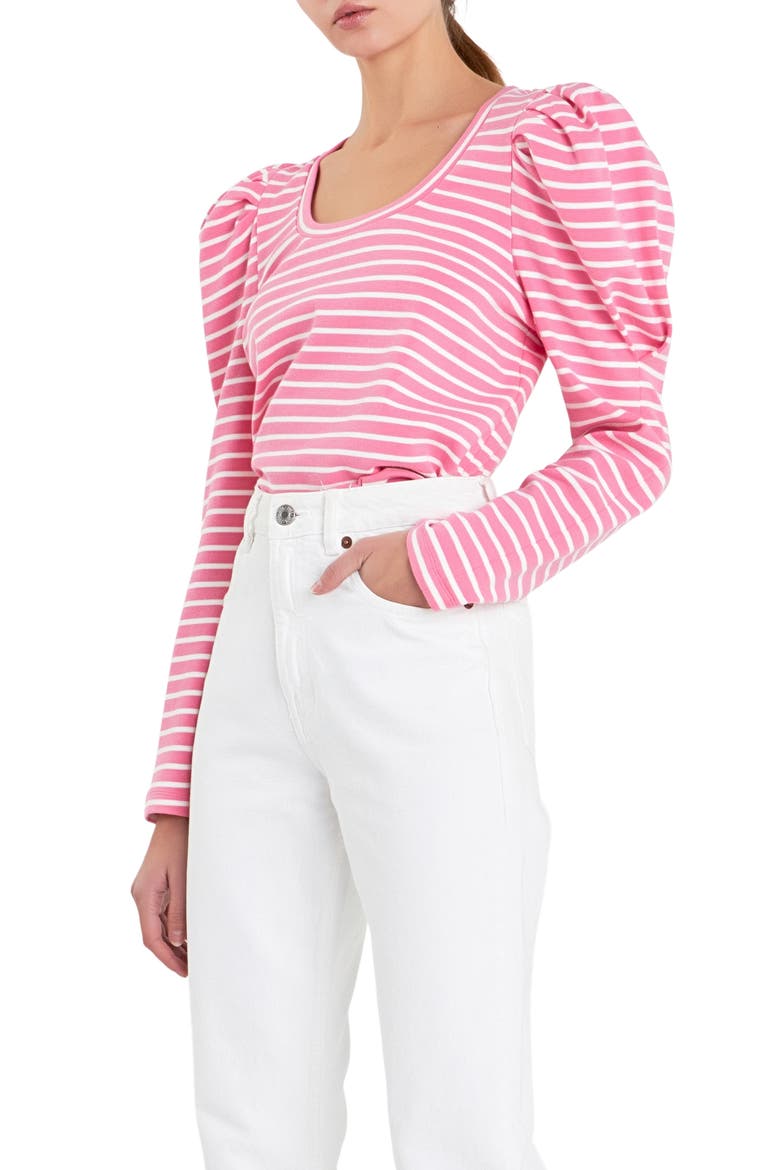 Stripe Puff Sleeve Knit Top, Alternate, color, PINK/WHITE