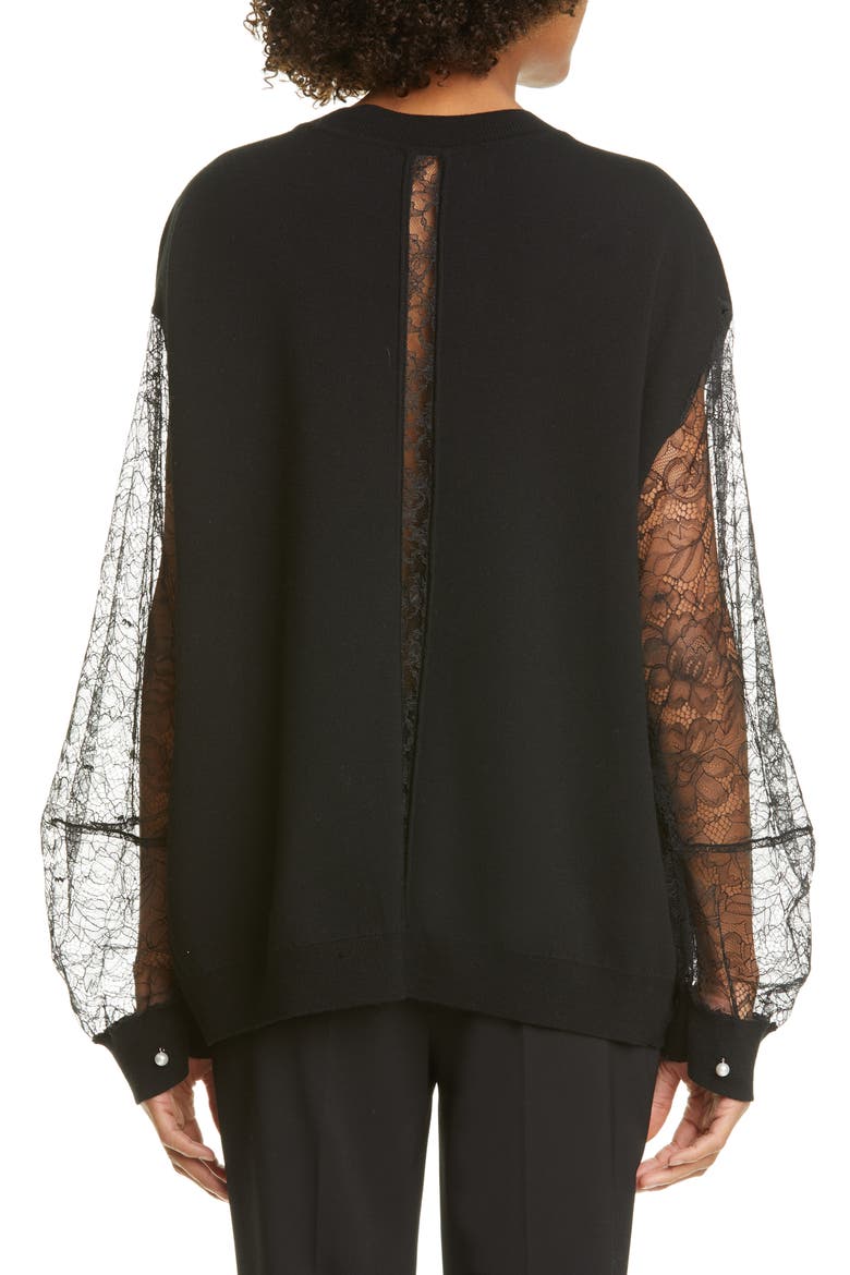 Lace Sleeve Merino Wool Blend Sweater, Alternate, color, BLACK