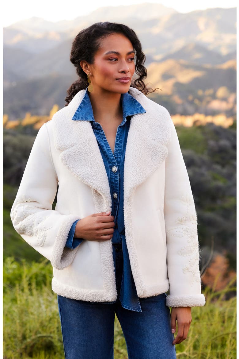 Embroidered Faux Suede & Faux Shearling Coat, Alternate, color, CREAM