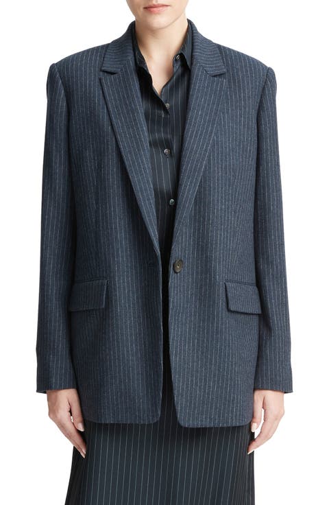Pinstripe Wool Blend Flannel Blazer