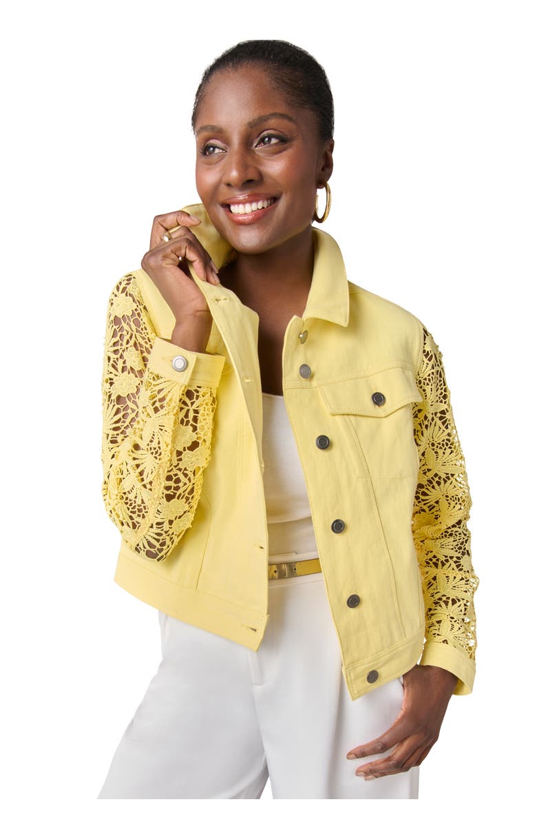 Jessica London Lace Sleeve Denim Jacket, Alternate, color, Butter