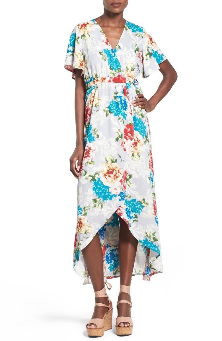 June & Hudson Floral Print High/Low Wrap Dress, Main, color, 