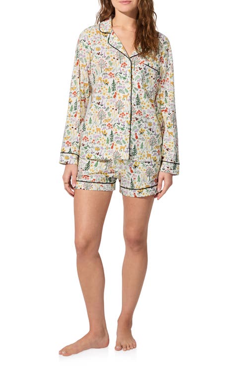 Print Long Sleeve Stretch Organic Cotton Jersey Short Pajamas (Regular & Plus)