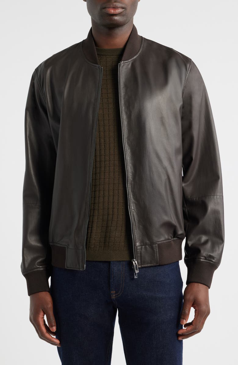 Emporio Armani Brown Leather Bomber Jacket, Main, color, Brown
