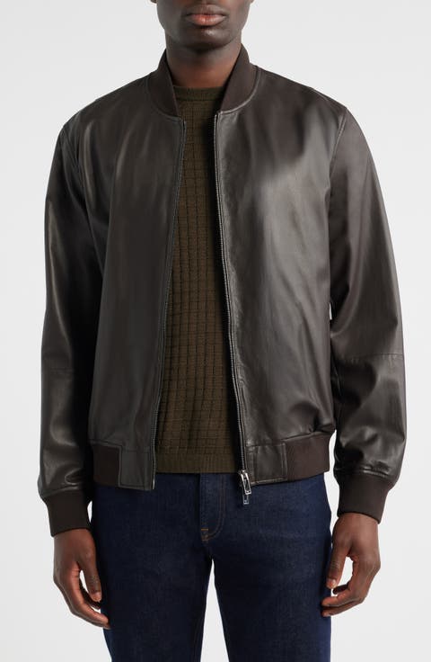 Brown Leather Bomber Jacket
