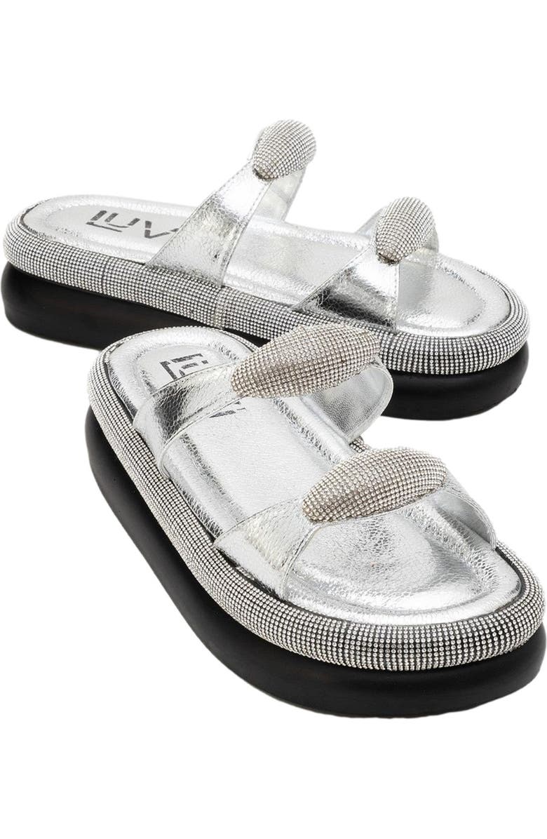 Prologue Shoes Finery Embellished Platform Slide, Main, color, Silver Faux Leather