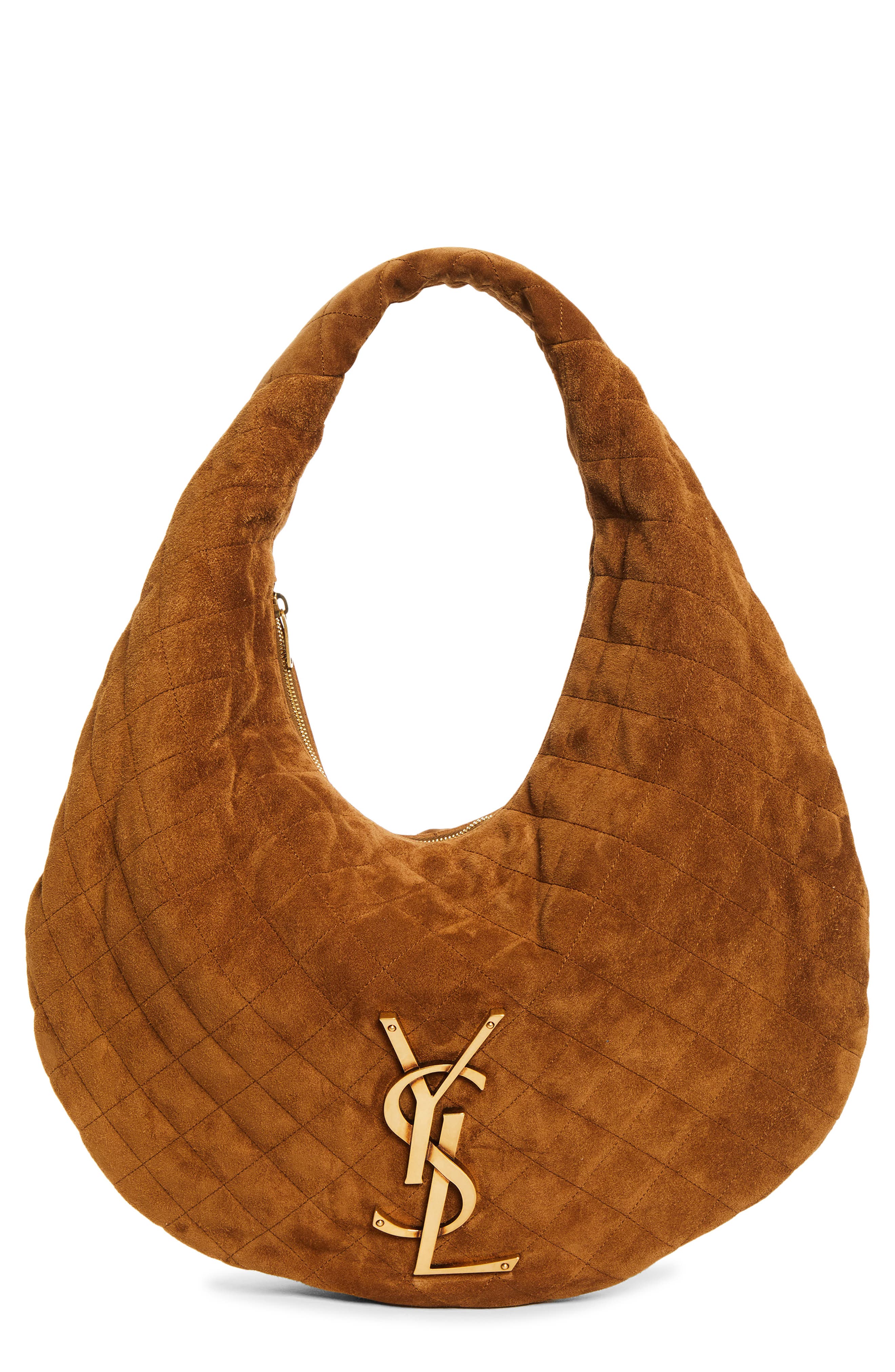 Saint Laurent Icare Quilted Suede Hobo Bag, Main, color, Caramel Cognac