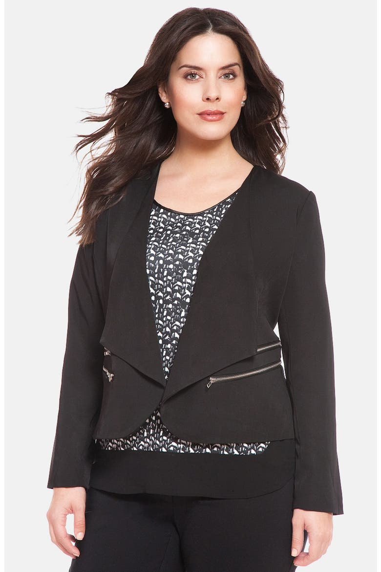 Zip Detail Open Front Crepe Jacket, Main, color, BLACK