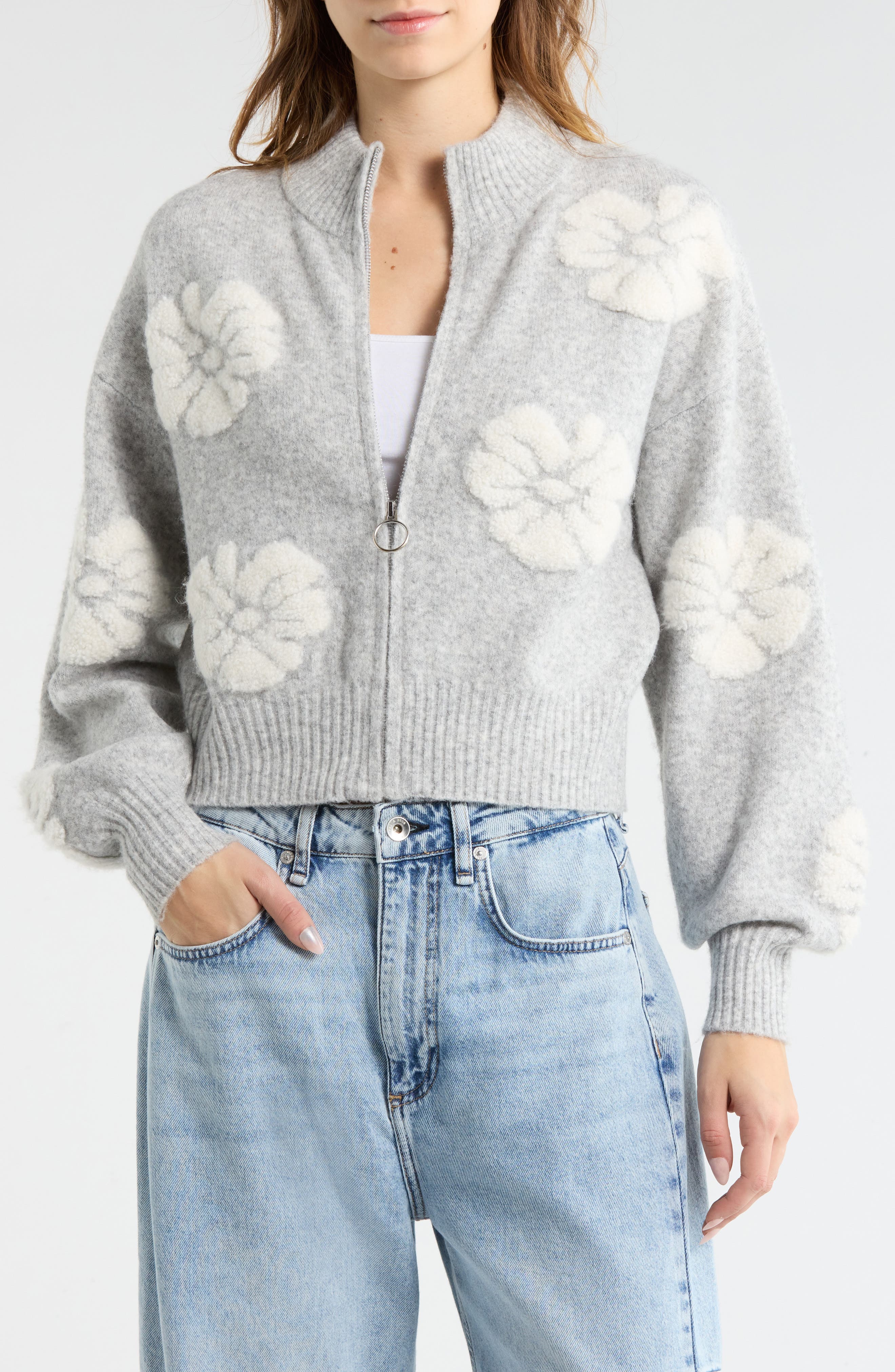 Madden Girl Floral Zip Front Crop Cardigan