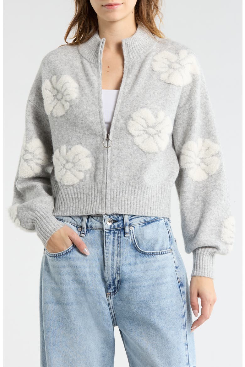 Floral Zip Front Crop Cardigan, Main, color, HEATHER GREY COMBO