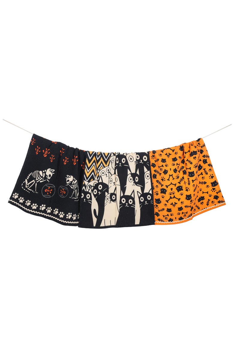 Spooky Cat Halloween Set of 3 Kitchen Towels, Main, color, BLACK/ ORANGE/ CREAM