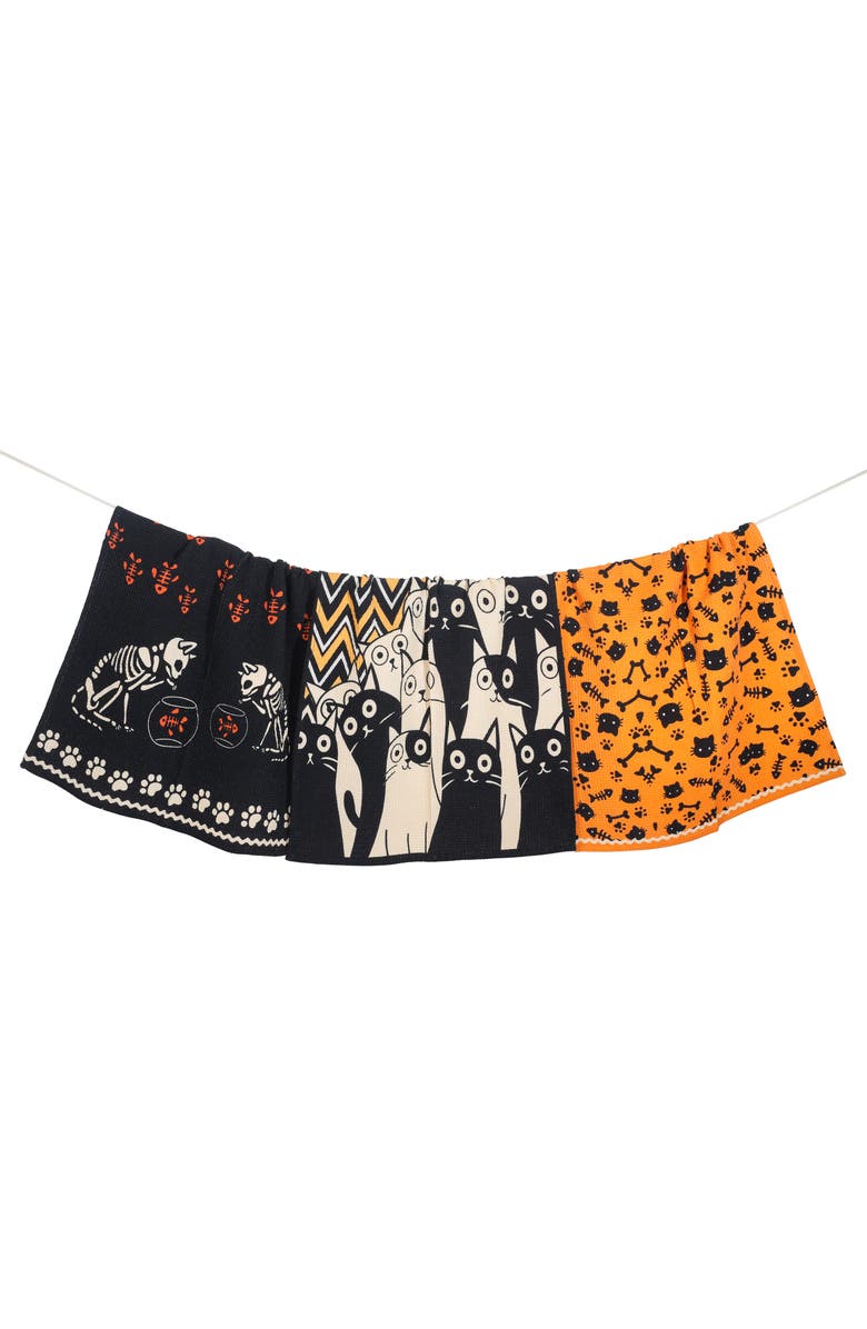 Tiramisu Spooky Cat Halloween Set of 3 Kitchen Towels, Main, color, Black/ Orange/ Cream