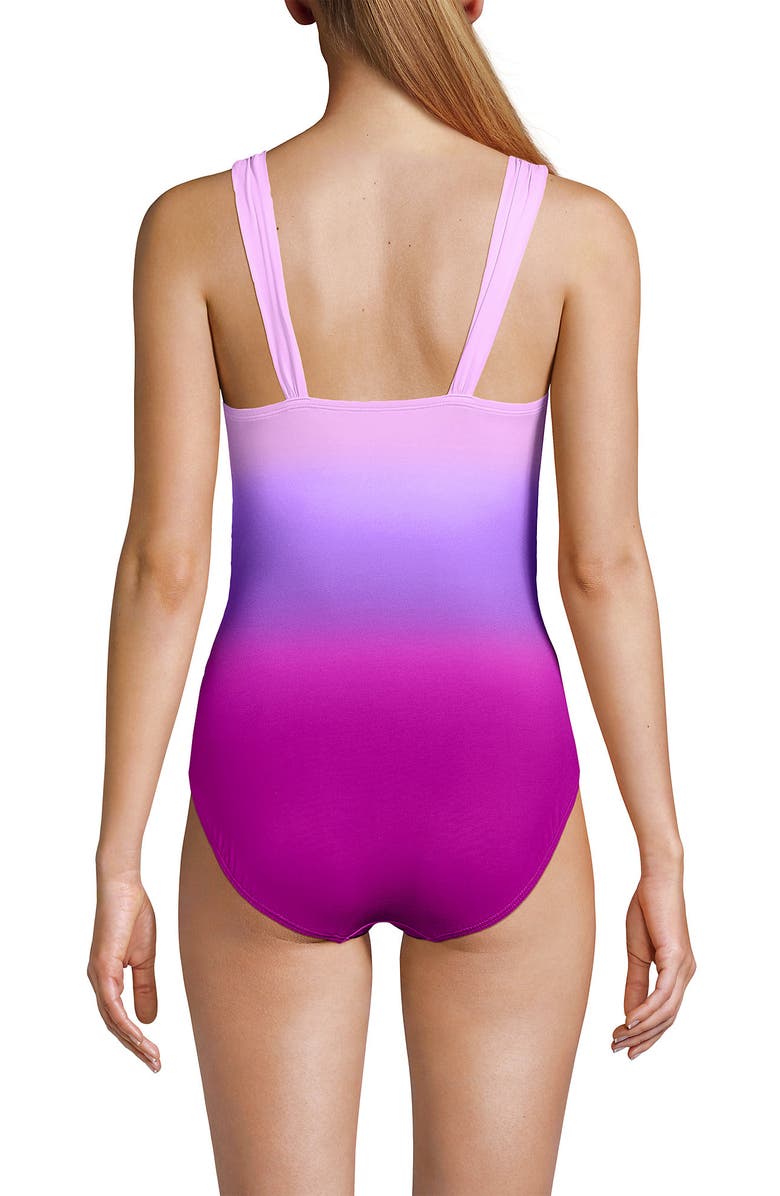 Lands' End D-Cup Slender Suit Grecian Low Leg One Piece Swimsuit, Alternate, color, Crimson Rose/Purple Ombre
