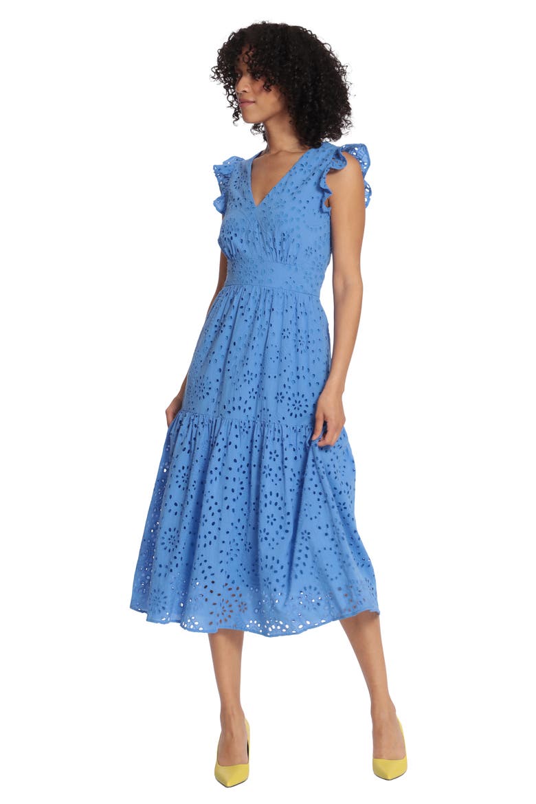 Cotton Eyelet Tiered Midi Dress, Alternate, color, MARINA BLU