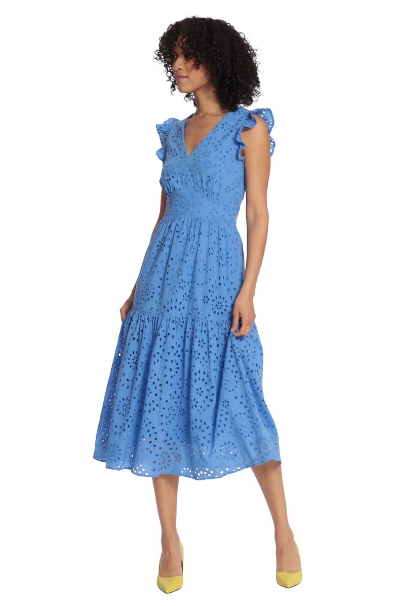Maggy London Cotton Eyelet Tiered Midi Dress, Alternate, color, Marina Blu