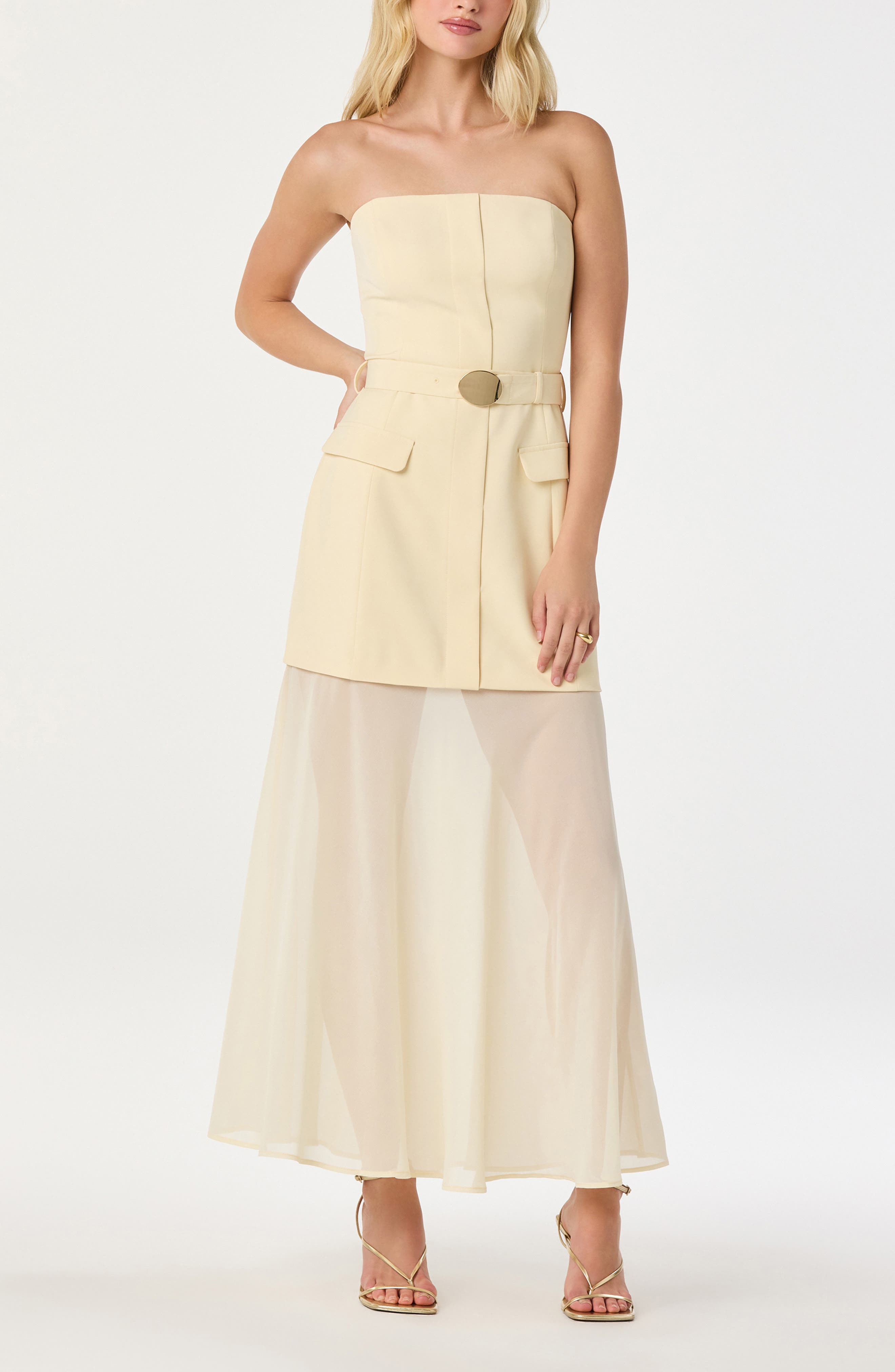 belted mixed media flare dress Strapless Mixed Media Belted Midi Dress (Women)