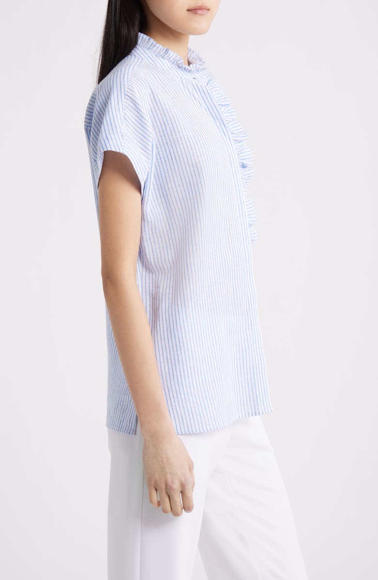 Anne Klein Pinstripe Ruffle Trim Linen Blend Button-Up Top, Alternate, color, Lagoon/ Crisp White