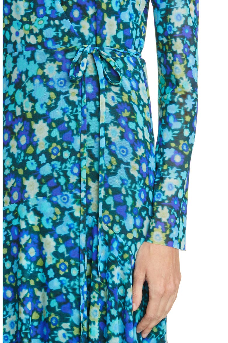 Floral Print Mesh Long Sleeve Maxi Wrap Dress, Alternate, color, AZURE BLUE