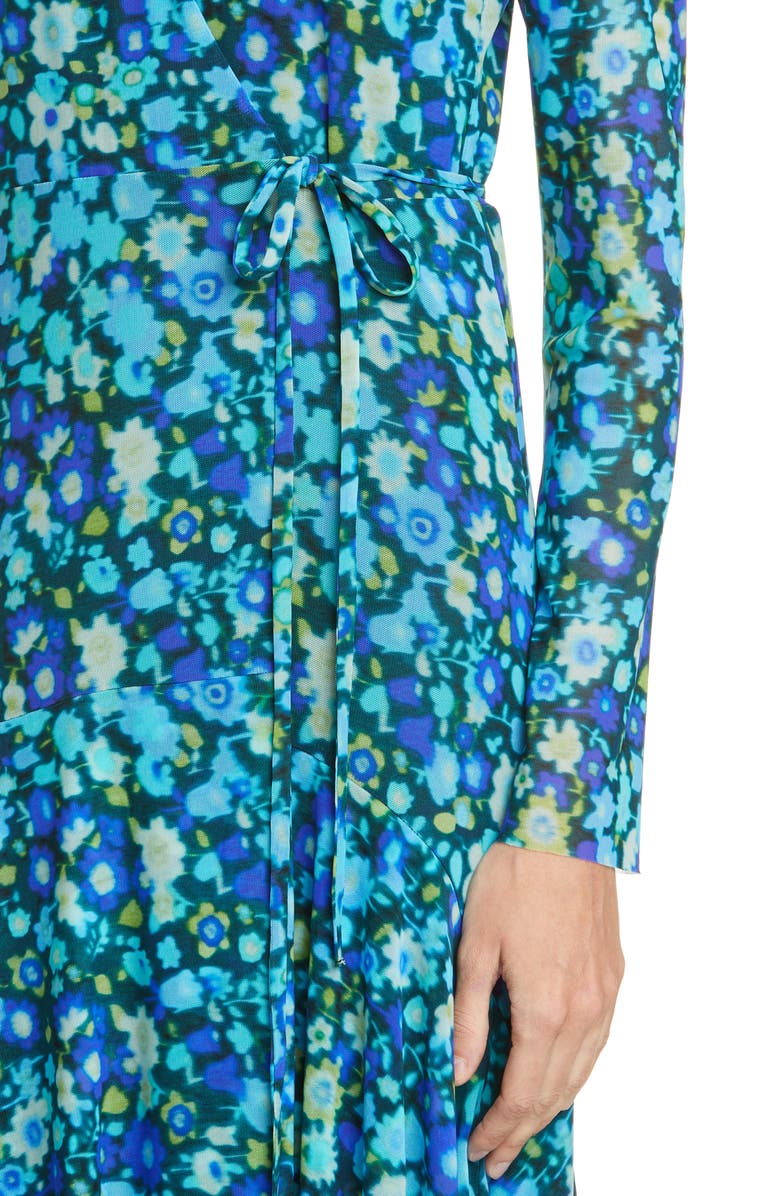 Ganni Floral Print Mesh Long Sleeve Maxi Wrap Dress, Alternate, color, 