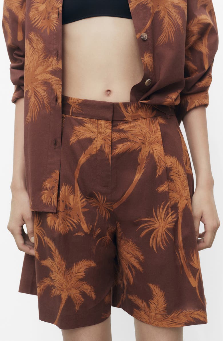 MANGO Palm Print Cotton Bermuda Shorts, Main, color, Brown