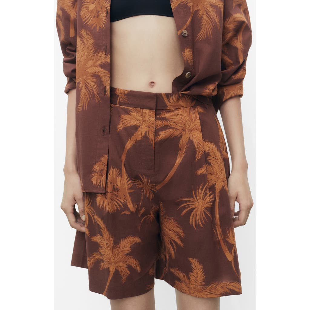Mango Cotton Bermuda Shorts With Palm Tree Print Brown In Brown
