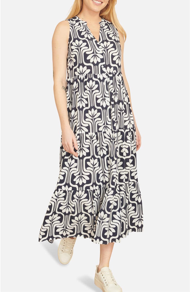 Yumi Retro Print Relaxed Midi Dress, Alternate, color, Navy