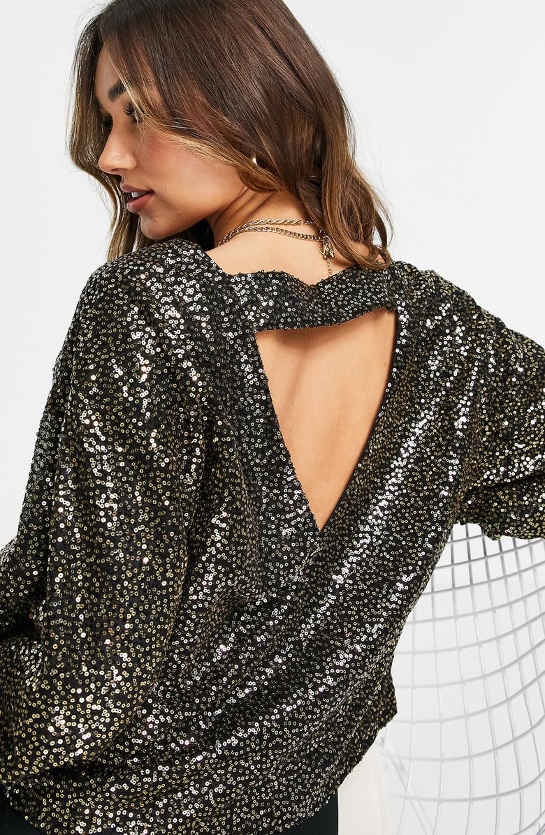 ASOS DESIGN Long Sleeve Sequin Top, Alternate, color, 