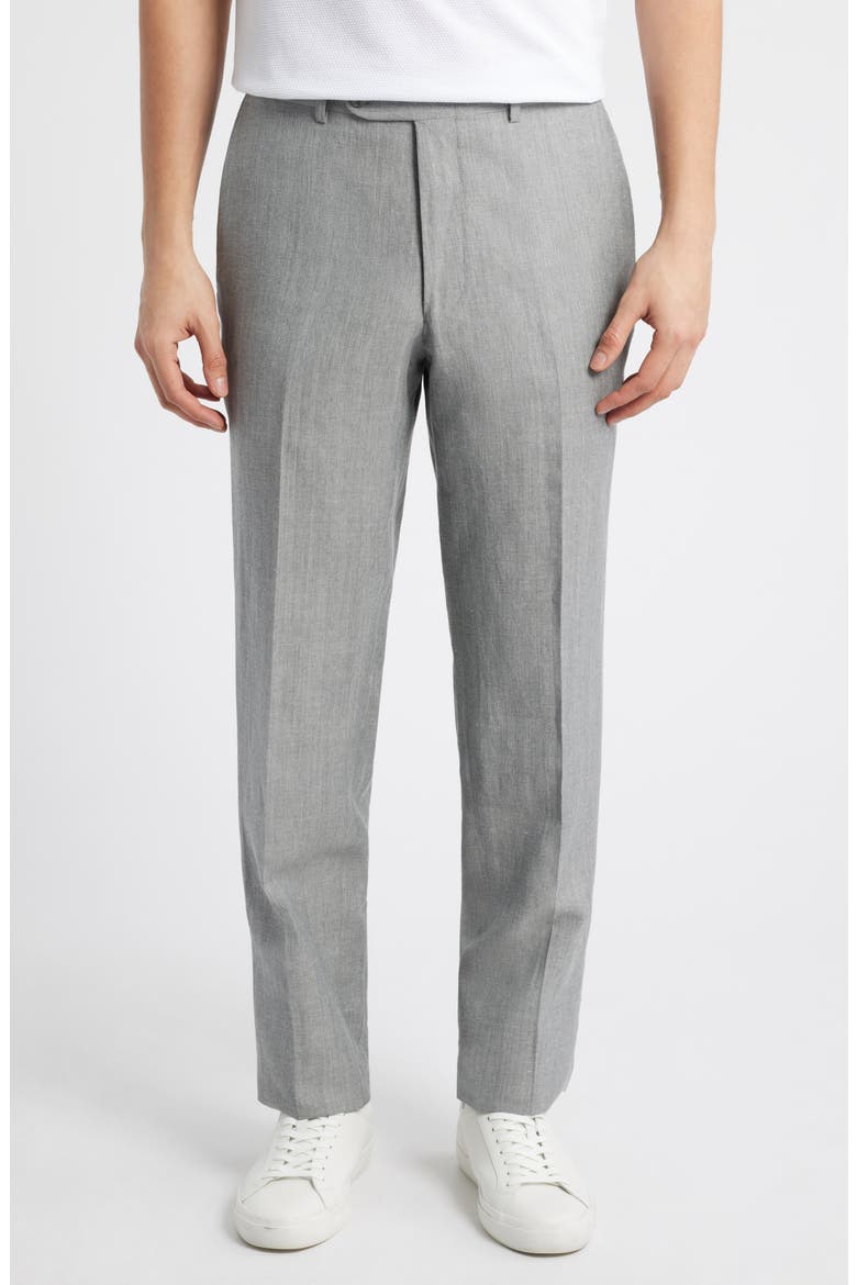 Harker Grey Mélange Flat Front Wool & Linen Dress Pants, Main, color, LIGHT GREY