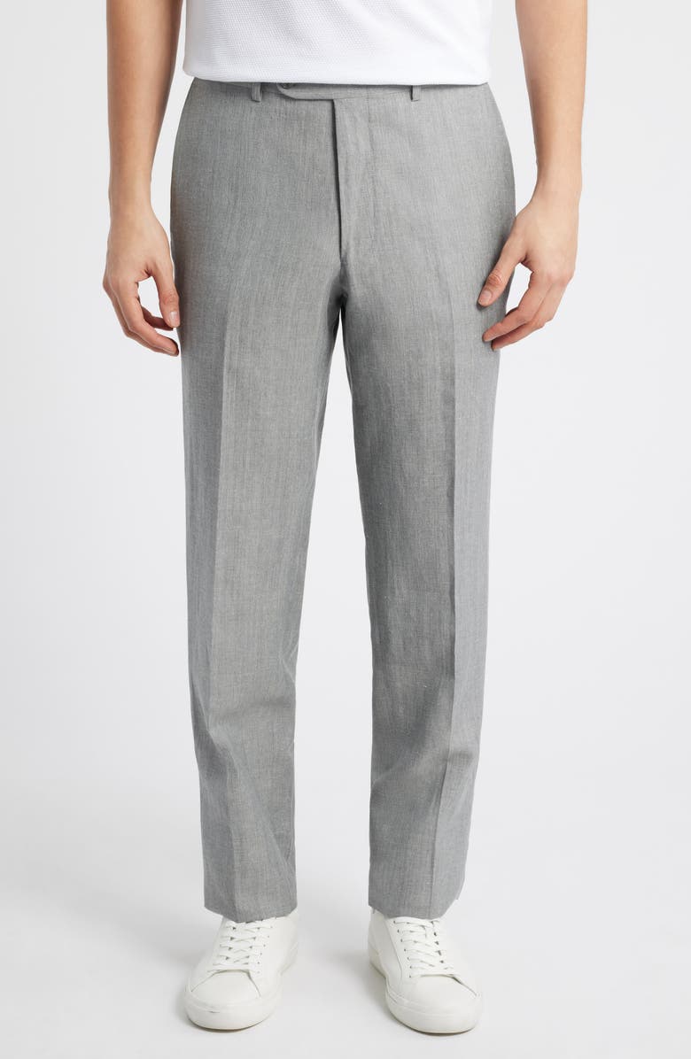 Peter Millar Harker Grey Mélange Flat Front Wool & Linen Dress Pants, Main, color, Light Grey