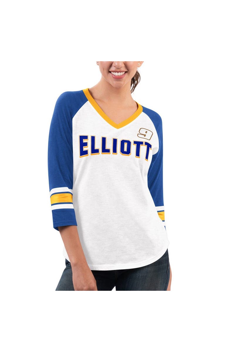 G-III 4HER BY CARL BANKS Women's G-III 4Her by Carl Banks White/Royal Chase Elliott Top Team V-Neck 3/4 Sleeve T-Shirt, Main, color, White