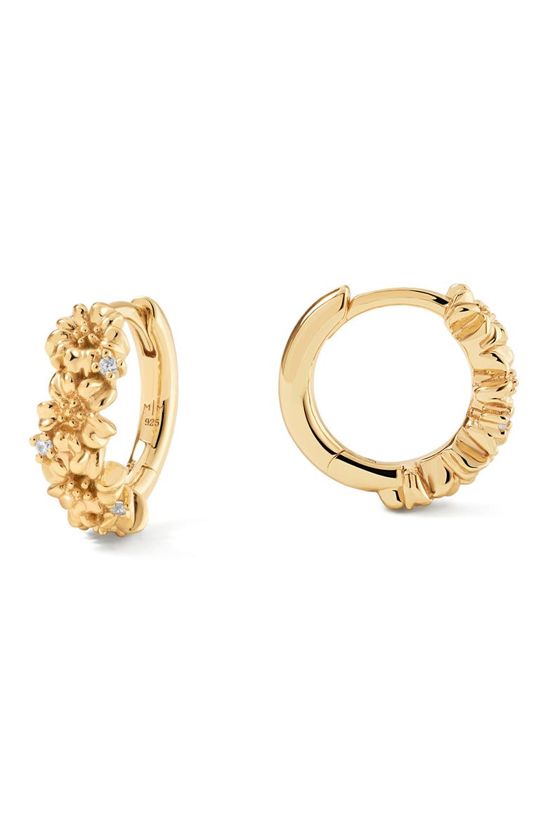 Cubic Zirconia Birthstone Flower Huggie Hoop Earrings, Main, color, GOLD MARCH